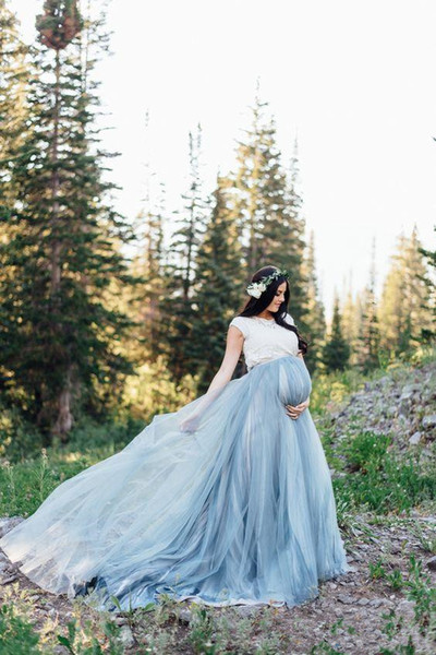 Maternity Empire Tulle Wedding Dresses Bohemian Style A-Line Short Sleeve White and Blue Lace Bridal Gowns Vestido De Novia New W263