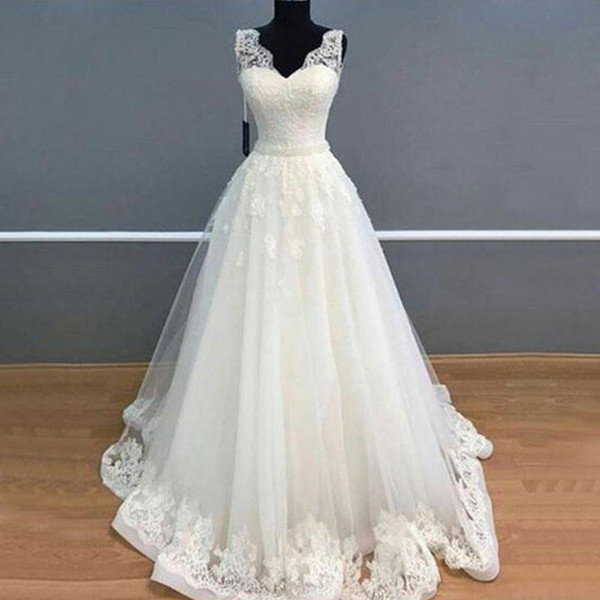 A-Line Vintage Lace Wedding Dresses Real Image Hot Selling New Custom Sleeveless V-Neck Tulle Sheer Bridal Gowns Vestidos de Novia W612