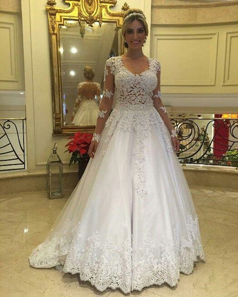 Vinatge Long Sleeve Lace Wedding Dresses A-Line Beads Applique Tulle Sheer Bridal Gowns Backless Vestido De Noiva Hot Selling New W920