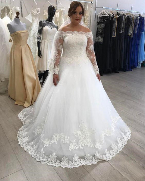 Plus Size Lace Wedding Dresses Hot Selling New Applique A-Line Off-the-shoulder Long Sleeve Tulle Bridal Gowns Vestido De Noiva W999