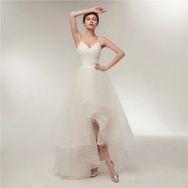 Front Short Back Long Tulle Wedding Dresses New Simple Style Summer Spaghetti Strap A-Line Ruffled Bridal Gowns Robe De Mariage W208