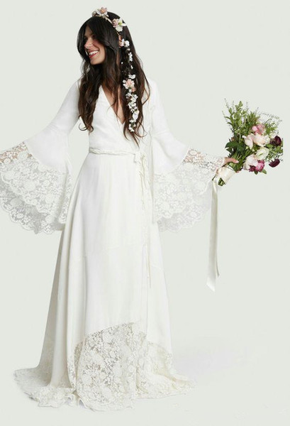 Bohemian Style Beach Wedding Dresses New Sweep Train Matched Sash V-Neck A-Line Long Sleeve Lace Bridal Gowns Vestido De Novia W200