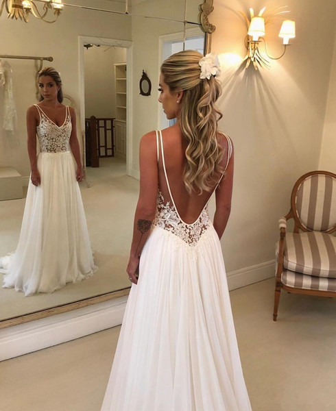 Sexy Backless Lace Wedding Dresses New Boho Style Hot Selling Sweep Train Pleats V-Neck A-Line Chiffon Sheer Beach Bridal Gowns W90