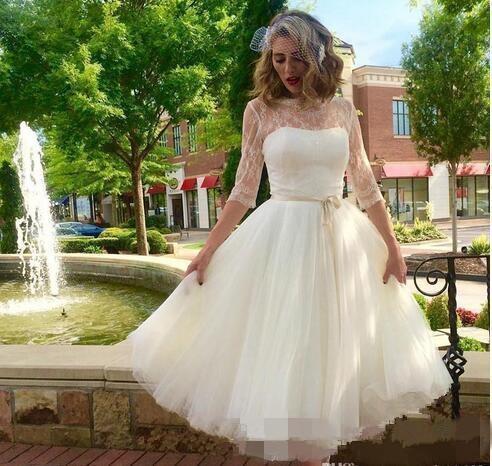 Vintage Lace Short Wedding Dresses New Simple Style Summer Matched Sash Knee Length A-Line Half Sleeve Tulle Sheer Bridal Gowns W072