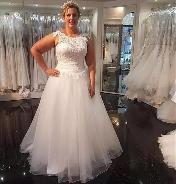 Plus Size Lace Wedding Dresses Hot Sales Sweep Train Lace Up Back Cap Sleeve Tulle A-Line Bridal Gowns Vestidos de Novia W615