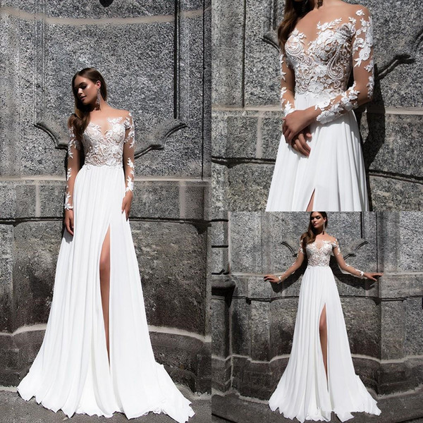 Sexy High Split Lace Wedding Dresses New Design Vestido De Noiva Applique A-Line Sheer Long Sleeve Beach Chiffon Bridal Gowns W1028