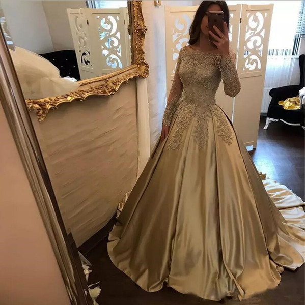 Country Modest Long Sleeve Wedding Dresses Off-the-shoulder A-Line Beads Applique Champagne Long Sleeve Bridal Gowns Vestido De Noiva W921