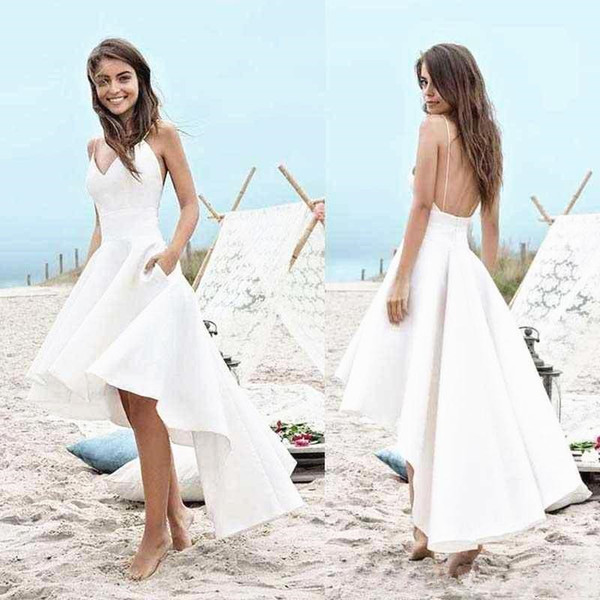 Summer High Low Beach Wedding Dresses New Hot Selling Custom Satin Short Spaghetti Strap Backless Bridal Gowns Vestido De Noiva W898