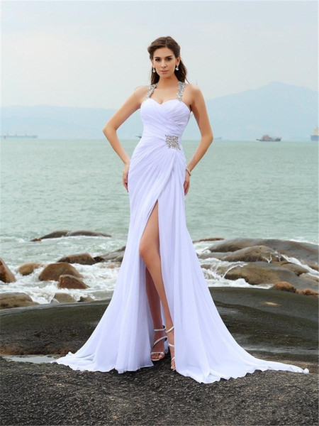 Halter Chiffon Beach Wedding Dresses New Hot Selling Custom Court Train Luxury Beads Crystals Sexy High Split Mermaid Bridal Gowns W92