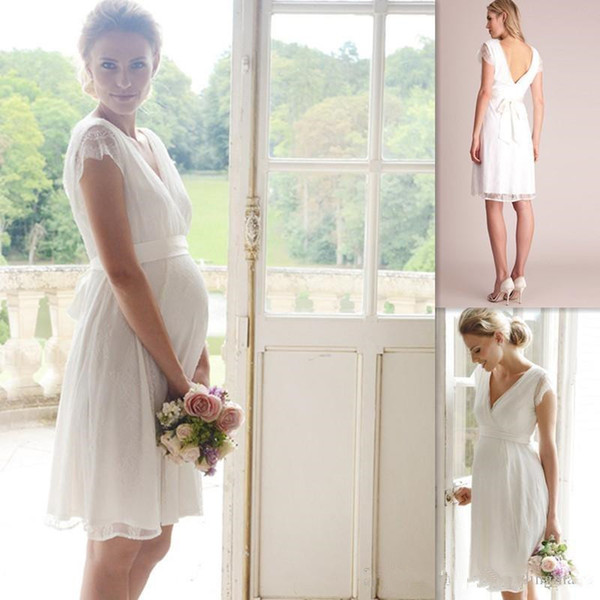 Chiffon Maternity Short Wedding Dresses New Matched Bow Sash Cap Sleeve Backless Knee Length Lace Empire Pregnant Bridal Gowns W028