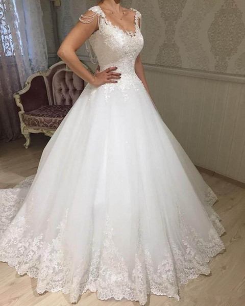 Luxury Beads Lace Wedding Dresses Hot Sales White Ivory Custom Sweep Train V-Neck Backless A-Line Cap Sleeve Tulle Bridal Gowns W76