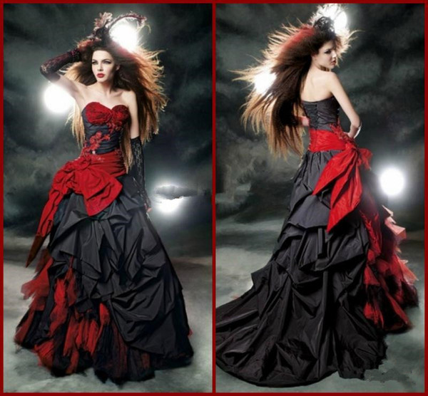 Gothic Red and Black Wedding Dresses New Custom Hot Selling Tulle A-Line Bow Pleats Halloween Sweetheart Taffeta Bridal Gowns W071