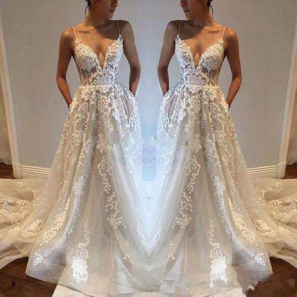 Sexy Lace Wedding Dresses With Pockets Deep V-Neck Court Train Applique Pleats Spaghetti Strap Sheer Bridal Gowns Vestido De Novia W262