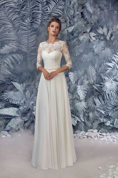 Bohemian Style Beach Wedding Dresses Hot Selling New Custom Made Floor Length Vintage 3/4 Long Sleeve Chiffon Lace Bridal Gowns W022