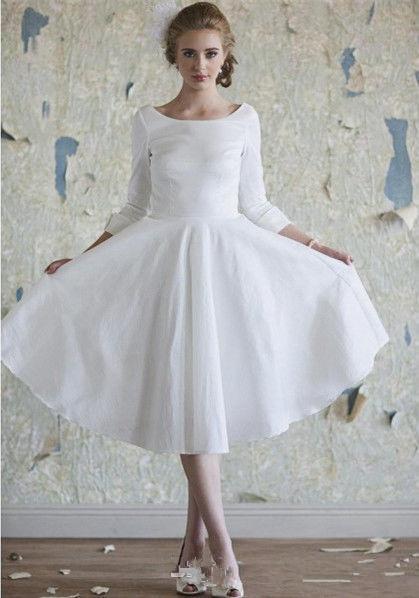 Modest Short Wedding Dresses Vintage Style Custom Scoop Neckline 3/4 Long Sleeve Knee Length Garden Bridal Gowns Vestido De Novia W99