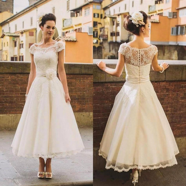 Vintage Style Short Wedding Dresses Hot Selling Custom Made New A-Line Flower Sash Cap Sleeve Ankle Length Lace Bridal Gowns W050