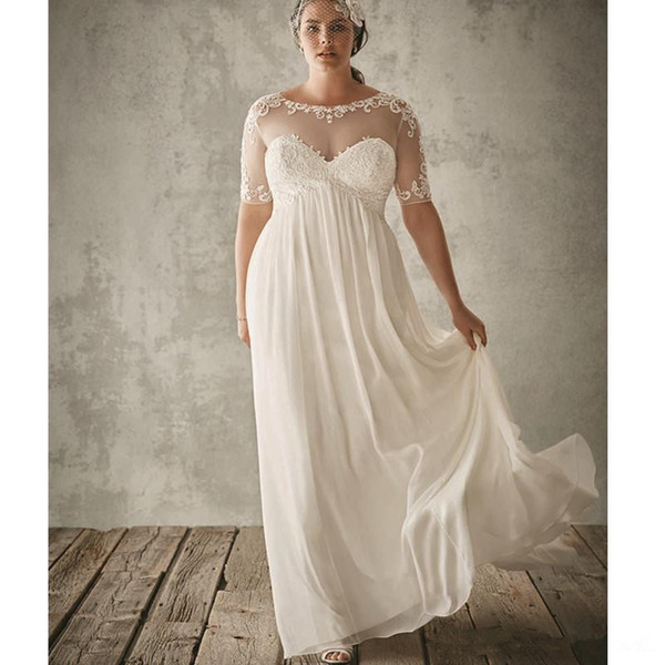 Plus Size Sheer Wedding Dresses Hot Selling New Scoop Neckline Pleats A-Line Half Sleeve Empire Lace Chiffon Beach Bridal Gowns W018