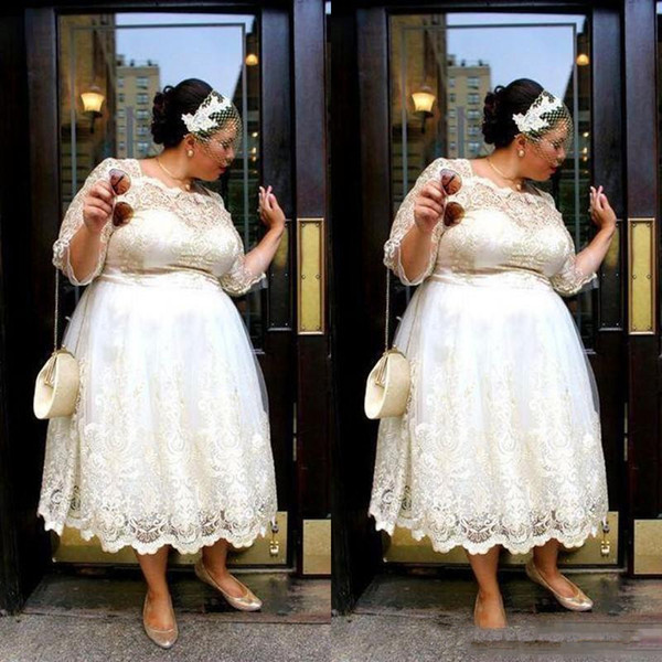 Plus Size Short Wedding Dresses Hot Sales New Square Neck A-Line Tea Length 3/4 Long Sleeve Vintage Lace Bridal Gowns W016