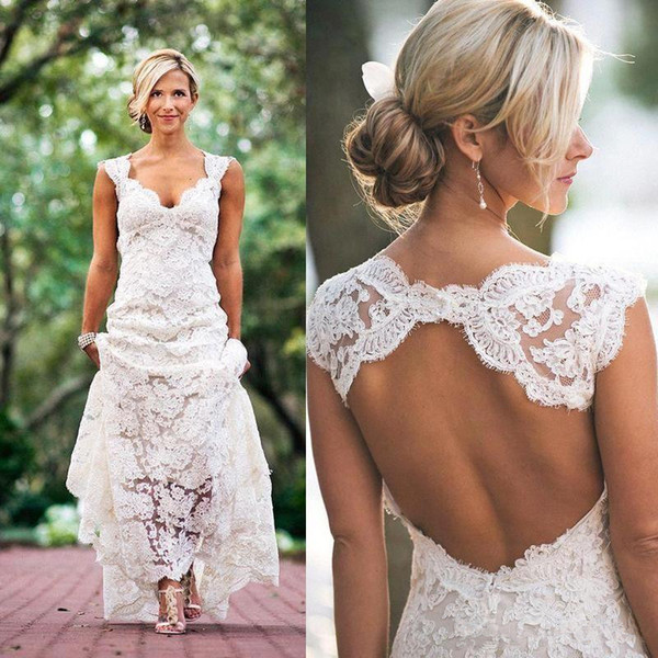 Garden Lace Wedding Dresses White Ivory Sweep Train V-Neck A-Line Cap Sleeve Backless Bridal Gowns Hot Selling Custom Made New W011