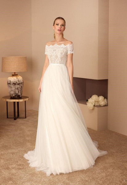 Off-the-shoulder Lace Wedding Dresses New Designer Sweep Train Custom Pleats A-Line Boho Tulle Bridal Gowns Vestios De Marriage W186