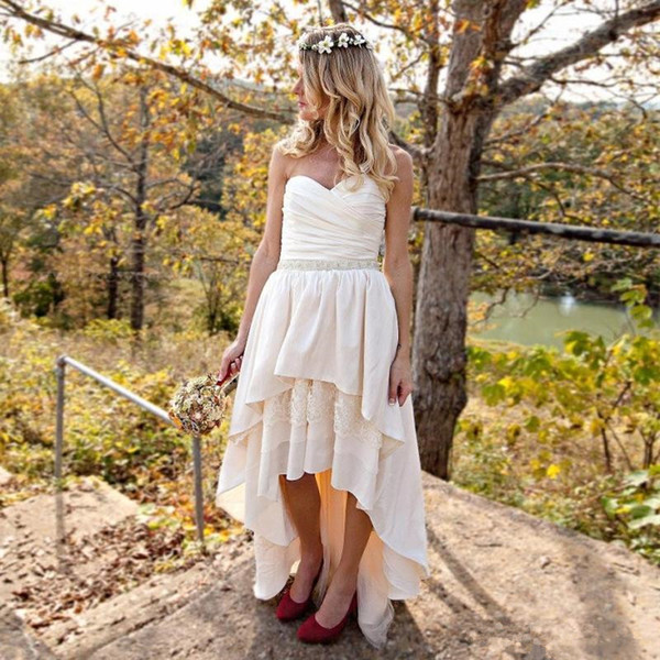 Front Short Back Long Garden Wedding Dresses New Design Beads Sash Ruffled A-Line Sweetheart Taffeta Lace High Low Bridal Gowns 272