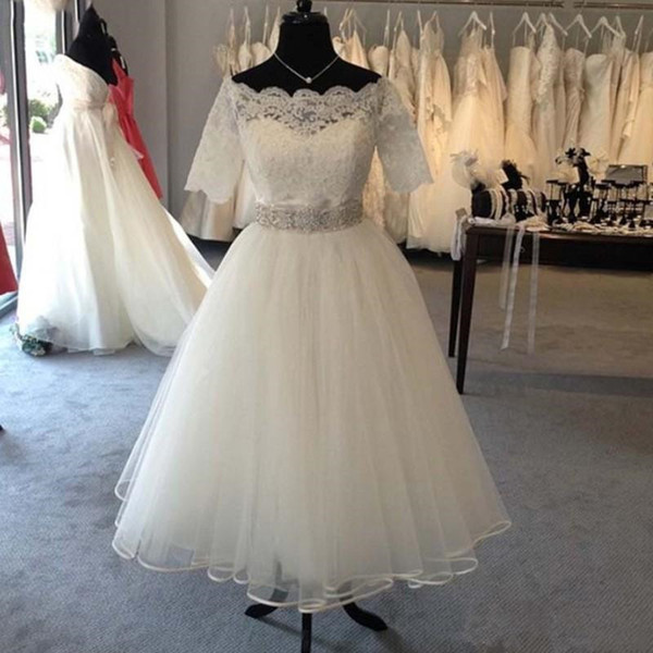 Short Lace Vintage Wedding Dresses A-Line Beads Sash Ankle Length Off-the-shoulder Half Sleeve Tulle Bridal Gowns Vestidos de Novia W266