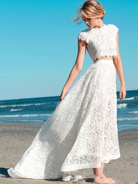 Two Pieces Beach Wedding Dresses Boho Style Vestido De Novia Jewel Neckline A-Line Cap Sleeve High Low Lace Bridal Gowns Custom W222