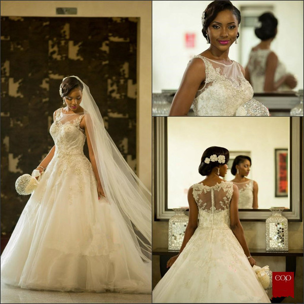 South African Lace Wedding Dresses Scoop Neckline Sleeveless Sweep Train Applique A-Line Tulle Sheer Bridal Gowns Vestios De Marriage W132