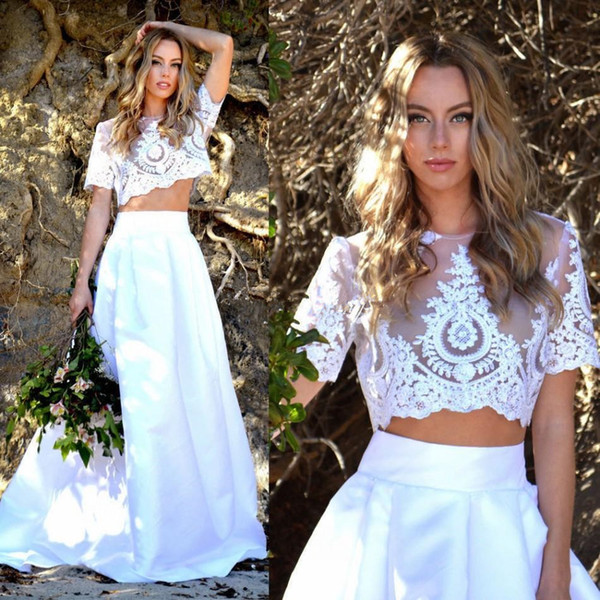 Two Pieces Bohemian Beach Wedding Dresses Newest Design Custom Jewel Neck Sweep Train A-Line Short Sleeve Lace Sheer Bridal Gowns W103