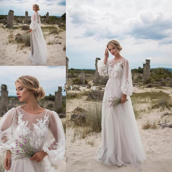 Long Puff Sleeve Beach Wedding Dresses New Design Hot Selling Applique See Through Bodice A-Line Tulle Bohemian Bridal Gowns W901