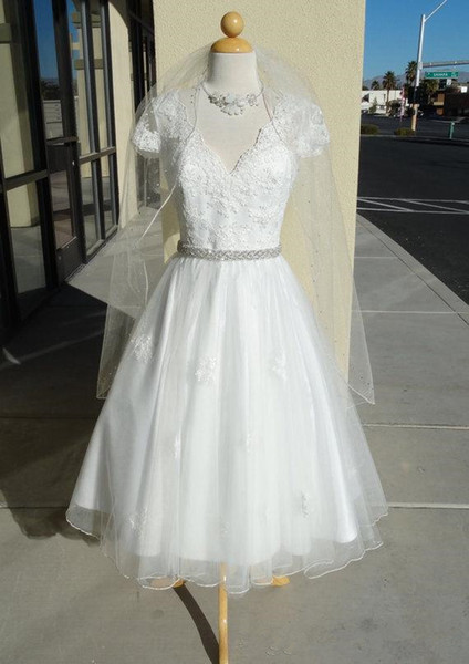 1950s Vintage Lace Short Wedding Dresses A-Line Matched Beads Sash Cap Sleeve Tea Length Tulle Modest Bridal Gowns Vestido De Novia W97