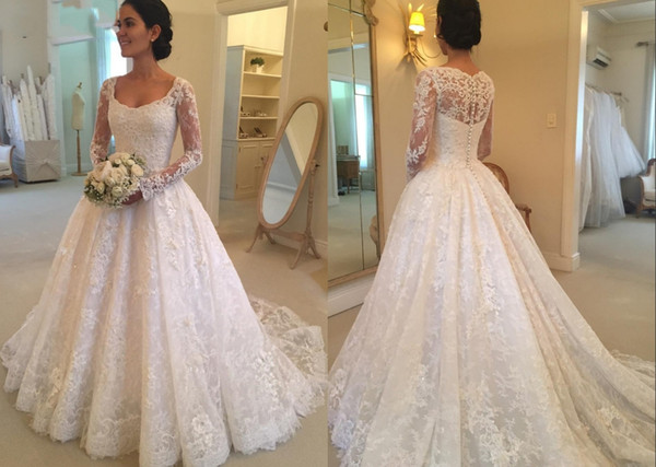 Latest Hot Sale Scoop Neck A-line Long Sleeve Lace Wedding Dresses Button Back Appliques Beaded Bridal Wedding Gowns HY4009