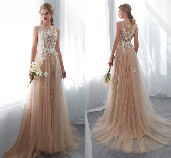 Designer Country Style Champagne Wedding Dresses Illusion Sleeveless Lace Appliqued Western Bobo Bridal Gowns HY4159