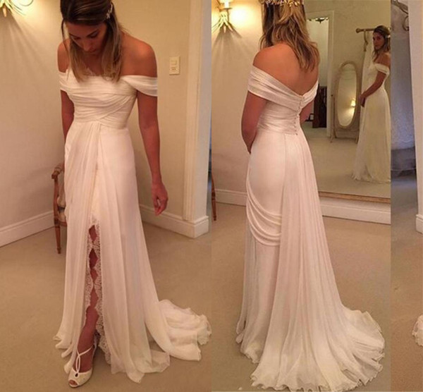 Newest Off The Shoulder Chiffon Sheath Wedding Dresses Chapel Train Button Back Elegant Chiffon Bridal Wedding Gowns HY4140