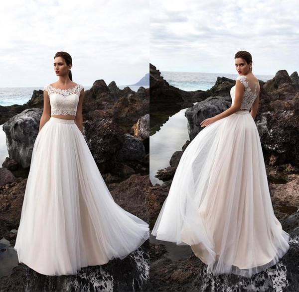 Two Pieces Tulle A Line Summer Beach Wedding Dresses Bohemia Lace Top Floor Length Wedding Bridal Gowns With Buttons HY4080