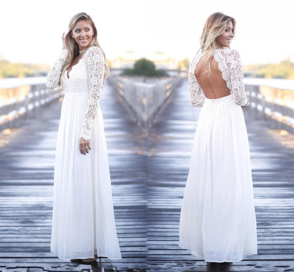 Plus Size Chiffon Wedding Dresses Cheap V-Neck A-Line Floor Length With Long Sleeves Beach Boho Country Backless Bridal Wedding Gowns