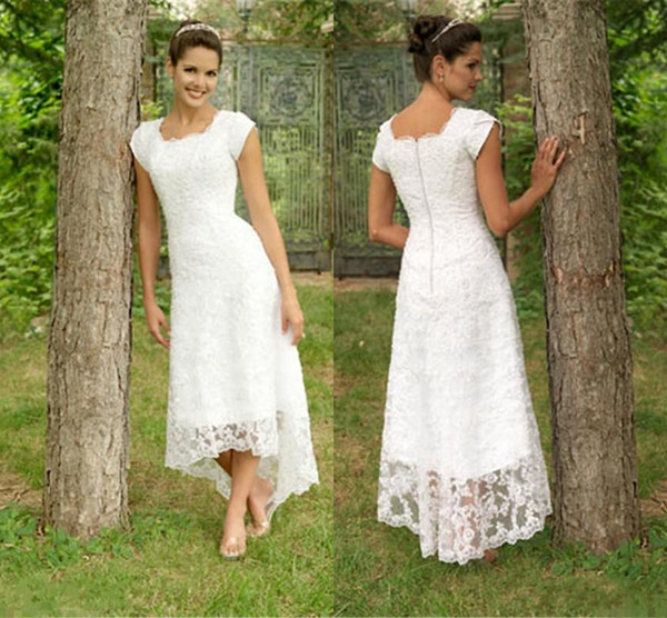 White Elegant Summer Wedding Dresses Full Lace Bateau Zipper Capped A Line Hi-Lo Cheap Plus Size Country Bridal Wedding Dresses