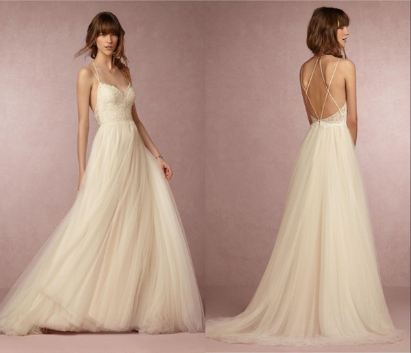 Beach Wedding Dresses BHLDN Sexy Spaghetti Strap Sleeveless Appliques Lace On Top A-Line Wedding Gowns Custom Made HY4217