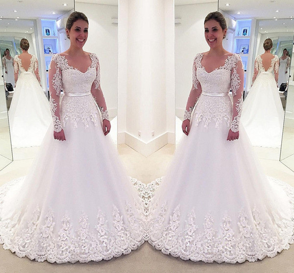 Size Long Sleeves Ball Gowns Wedding Dresses Sexy V Neck Lace Appliques Beaded Tulle Vestido De Noiva Bridal Gowns HY4233