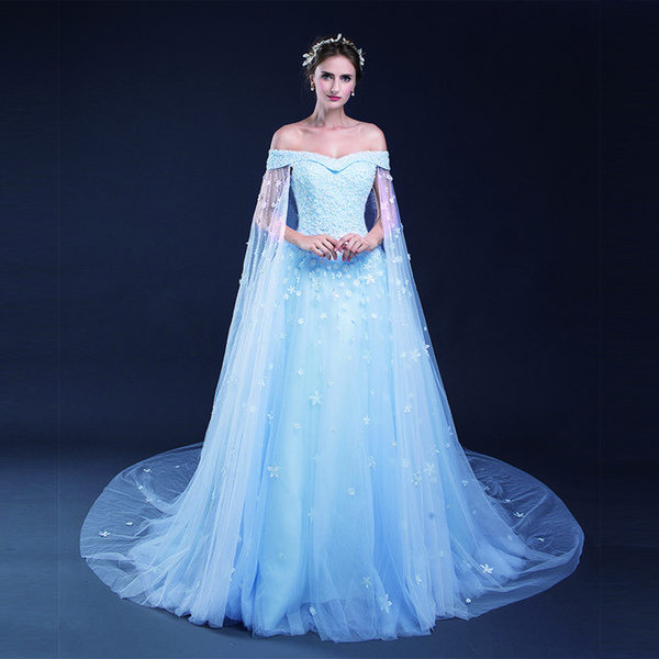 Light Sky Blue A Line Wedding Dresses Flower Lace Applique Lace Up Tull Off The Shoulder Bridal Dresses Wedding Gowns Custom Made HY4154