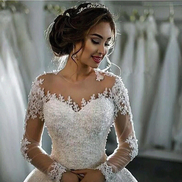 Sheer Neck Wedding Dresses Lace Appliques Beads Illusion Long Sleeves Bridal Gowns Ball Gowns Sweep Train Custom Made Wedding Dresses HY357