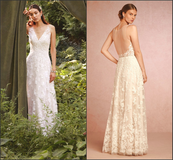 Vintage Wedding Dresses Sexy V Neck Sleeveless A Line Elegant Lace Appliqued Floor Length With Plus Size Wedding Dresses HY4091