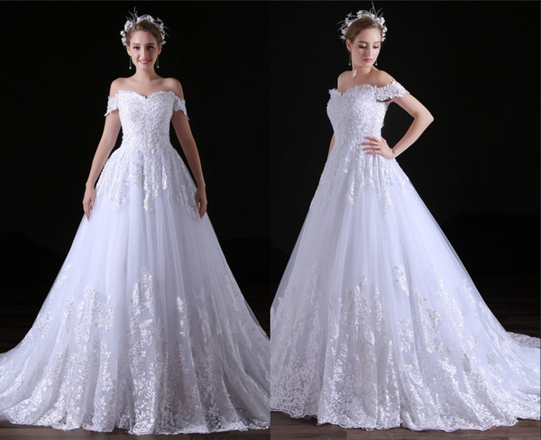 Elegant Dresses Sweetheart Short Sleeves With Appliques Beading A Line Tulle Long Wedding Party Bride Dresses For Women Wedding Gowns HY4192