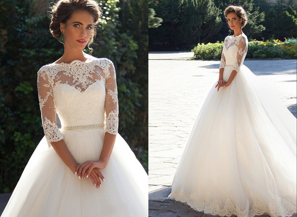 Lace Country Wedding Dresses A-Line Cheap Applique With Peals Waist Tulle Sweep Train Long Sleeves Bridal Gowns DH4166