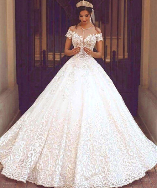 Custom Made New Vintage Lace Wedding Dresses Sexy Off The Shoulder Short Sleeves Applique Sweep Train A Line Wedding Bridal Gowns DH4115