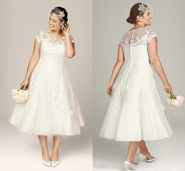 Modest Tea Length Plus Size Lace Applique Wedding Dresses Illusion Bodice Covered Buttons Custom Made Garden Country Bridal Dresses DH346
