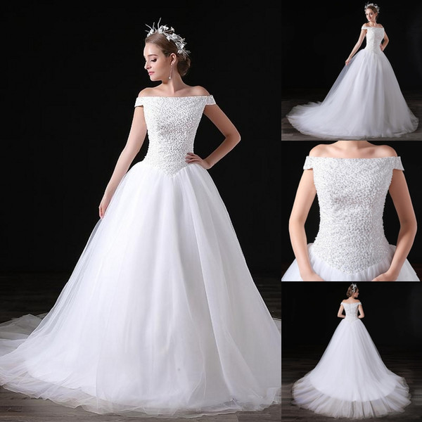 Elegant Dresses Boat Neck With Beading Short Sleeves A Line Tulle Long Wedding Party Bride Dresses For Women Wedding Gowns HY4193