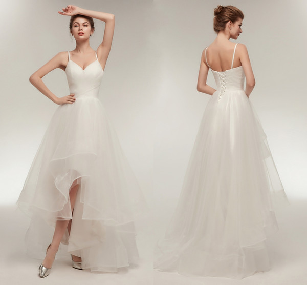 Elegant Summer Wedding Dresses With Straps Sexy V Neck Hi Lo Wedding Gowns Bridal Dresses Custom Made Tulle Dresses DH4169