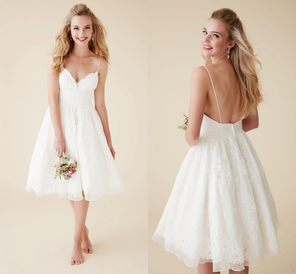 Cute Short Beach Wedding Dresses V Neck Spaghetti Straps Knee Length Sexy Backless Wedding Gowns Organza Lace Bridal Dresses HY4149