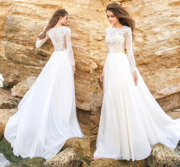 Vintage Modest Long Sleeves Chiffon A Line Summer Beach Wedding Dresses Lace Applique Wedding Bridal Gowns DH4079